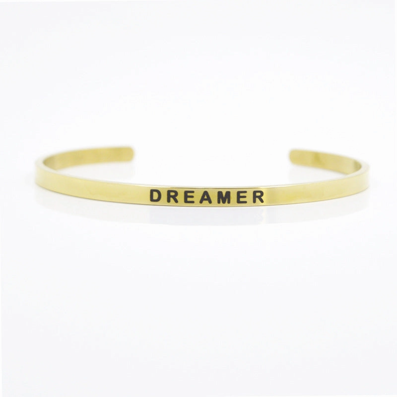 Wholesale 4mm Gold Stainless Steel Lettering Titanium Steel C Shape BREATHE DREAM FEARLESS Bracelet