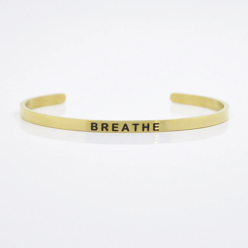 Wholesale 4mm Gold Stainless Steel Lettering Titanium Steel C Shape BREATHE DREAM FEARLESS Bracelet