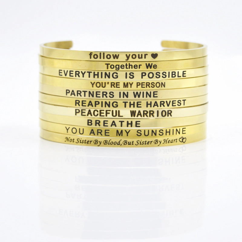 Wholesale 4mm Gold Stainless Steel Lettering Titanium Steel C Shape BREATHE DREAM FEARLESS Bracelet