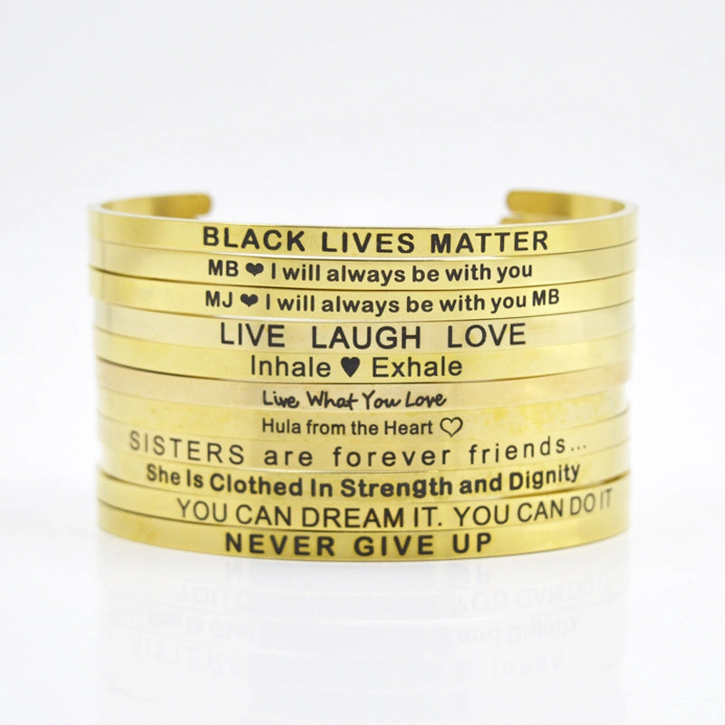 Wholesale 4mm Gold Stainless Steel Lettering Titanium Steel C Shape BREATHE DREAM FEARLESS Bracelet