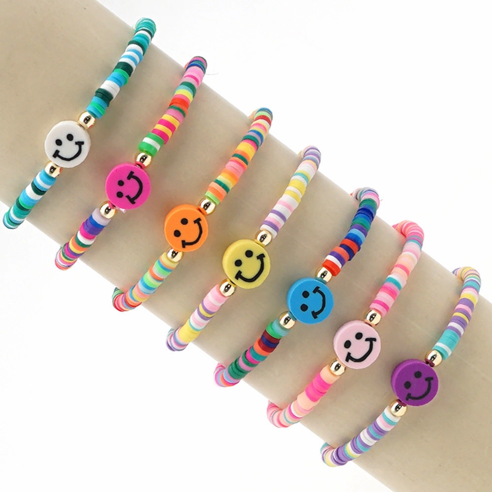 Wholesale 4mm rainbow polymer clay beaded multi-color smiley couple Bracelet