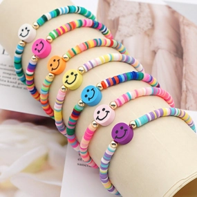 Wholesale 4mm rainbow polymer clay beaded multi-color smiley couple Bracelet