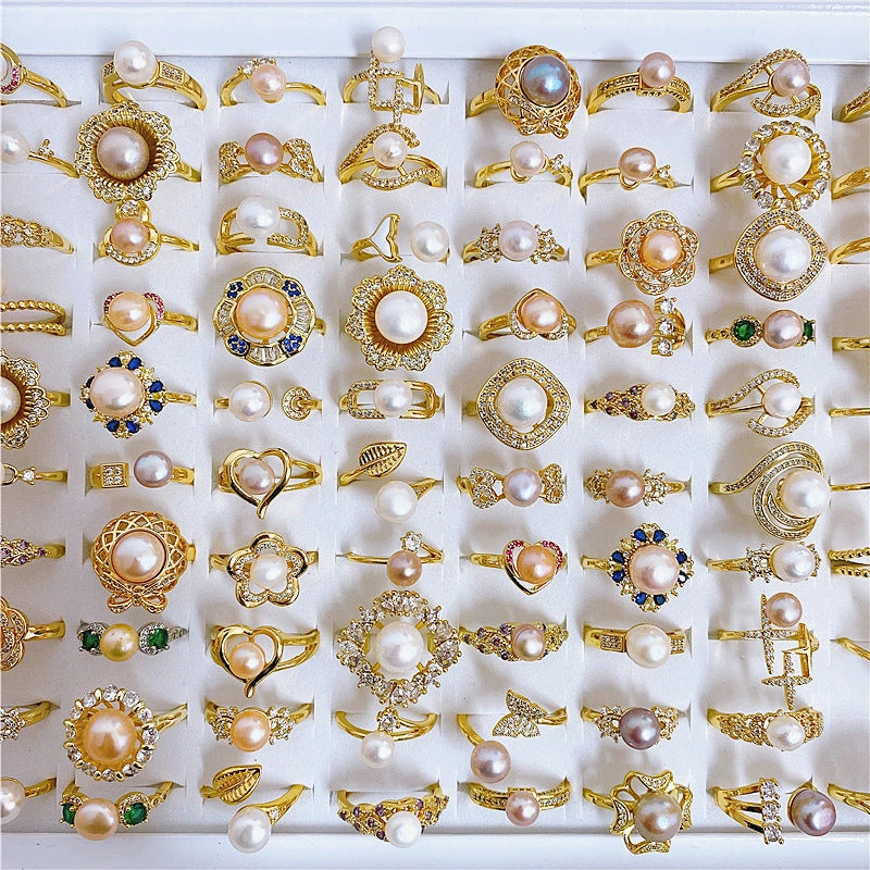 Wholesale 5PCS Natural Freshwater Pearl Zircon Micropaved Open Ring