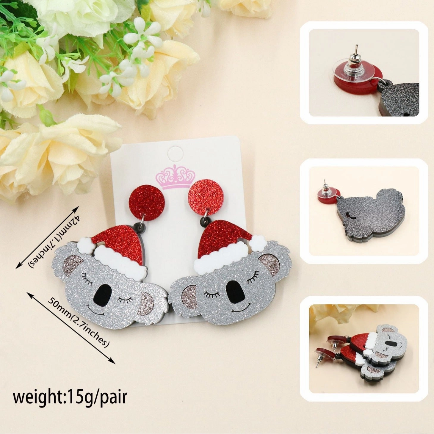 Wholesale 5pcs/pack Christmas Exaggerated Koala Glitter Earrings