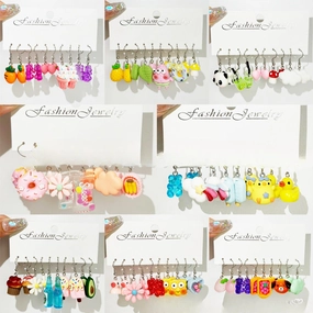 Wholesale 5pcs/pack Hot Sale Acrylic Bear, Little Fresh Cute Duck, Funny Food Play Earrings Set