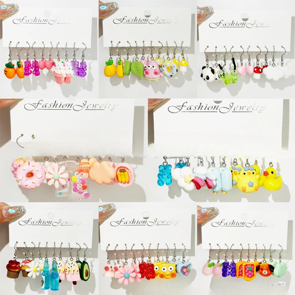 Wholesale 5pcs/pack Hot Sale Acrylic Bear, Little Fresh Cute Duck, Funny Food Play Earrings Set