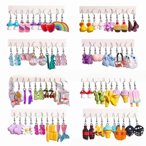 Wholesale 5pcs/pack Hot Sale Sweet Cool Creative Resin  Flowers, Strawberry Mushroom Drink Bottle, Small Cake Earrings Set