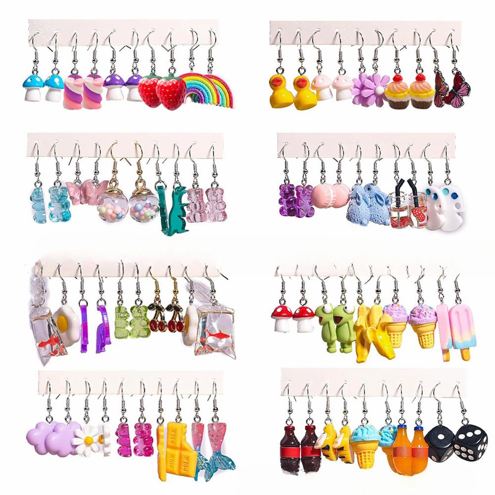 Wholesale 5pcs/pack Hot Sale Sweet Cool Creative Resin  Flowers, Strawberry Mushroom Drink Bottle, Small Cake Earrings Set