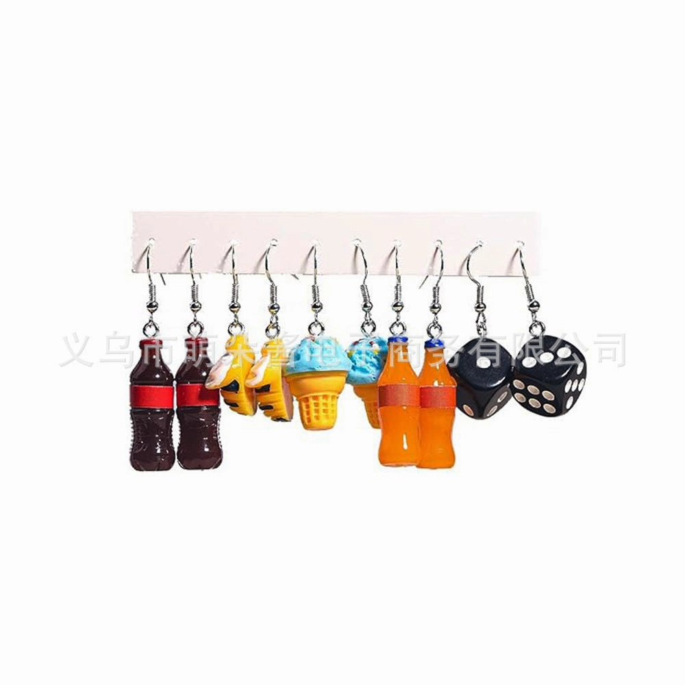 Wholesale 5pcs/pack Hot Sale Sweet Cool Creative Resin  Flowers, Strawberry Mushroom Drink Bottle, Small Cake Earrings Set