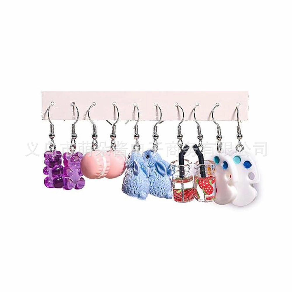 Wholesale 5pcs/pack Hot Sale Sweet Cool Creative Resin  Flowers, Strawberry Mushroom Drink Bottle, Small Cake Earrings Set