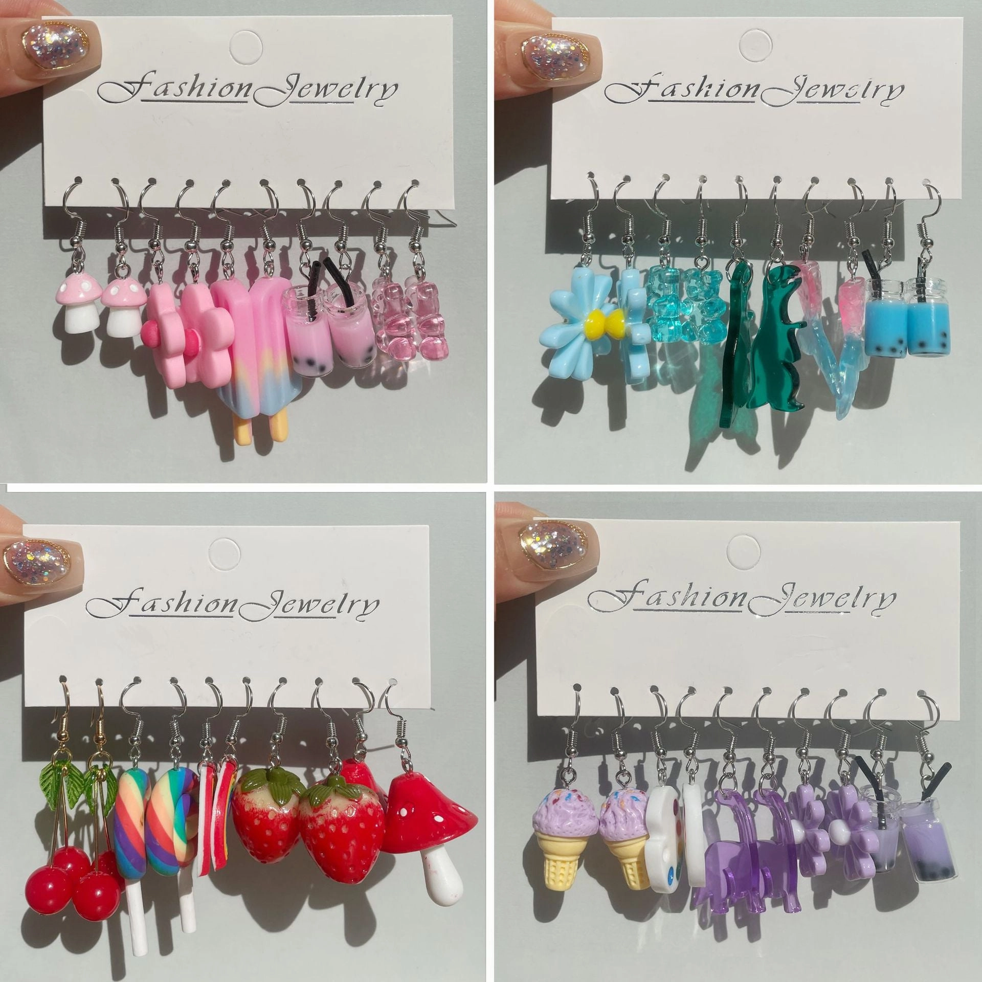 Wholesale 5pcs/pack Hot Sale Sweet Cool Cute Resin Funny Cartoon Flower Strawberry Mushroom Earrings Set