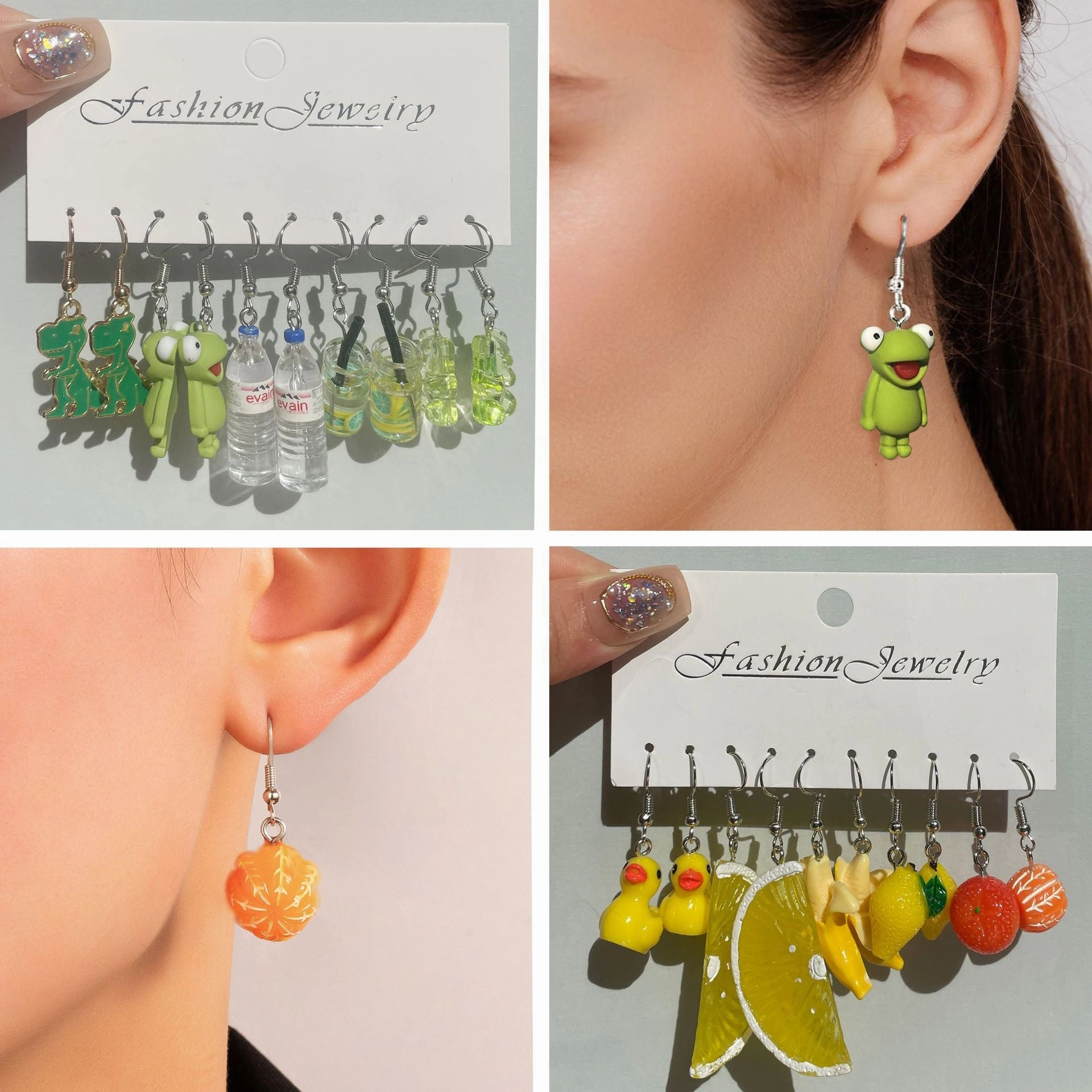 Wholesale 5pcs/pack Hot Sale Sweet Cool Cute Resin Funny Cartoon Flower Strawberry Mushroom Earrings Set