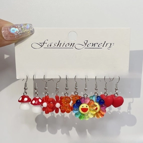 Wholesale 5pcs/pack Red Acrylic Fine Flash, Three-dimensional Bear Sunflower, Red Heart, Imitation Small Mushroom Earrings
