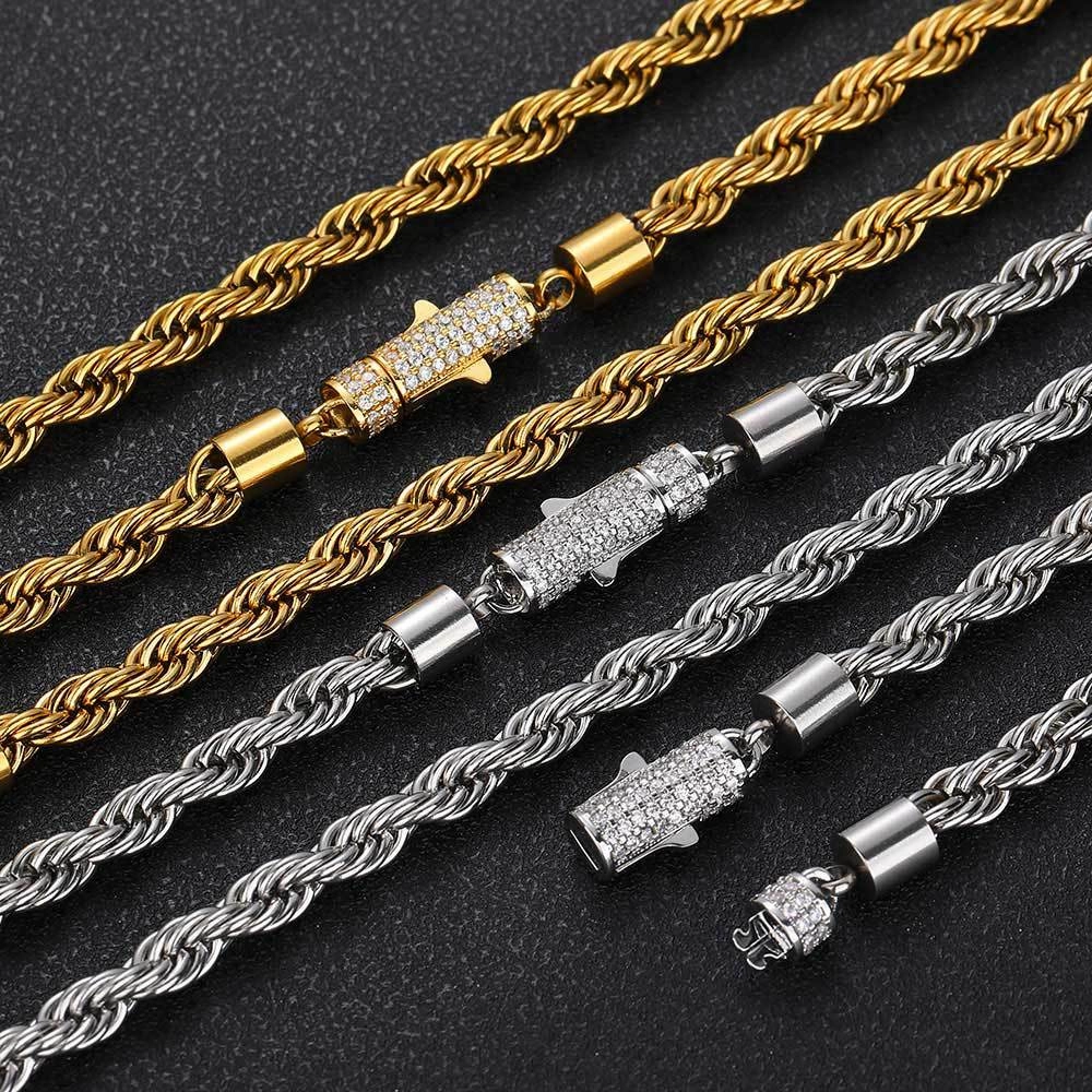 Wholesale 6mm Diamond Buckle Stainless Steel Necklace Twist Wheat Type Chains