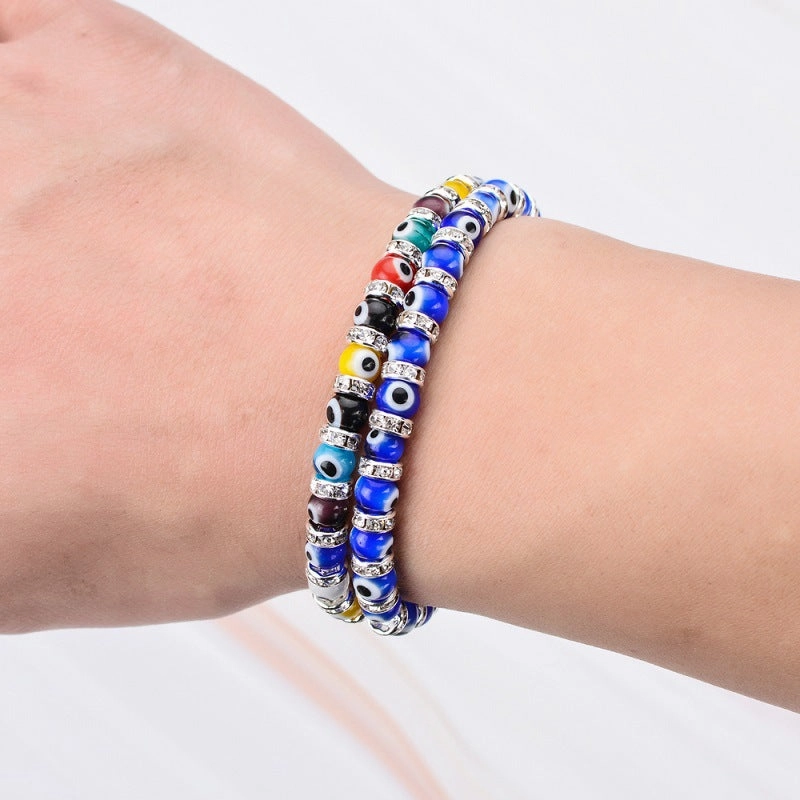 Wholesale 6mm Glass Bead Alloy Diamond Devil Eye Bead Elastic Bracelet