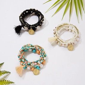 Wholesale 6pcs Beauty Head Coin Tassel Beaded Multilayer Bracelet