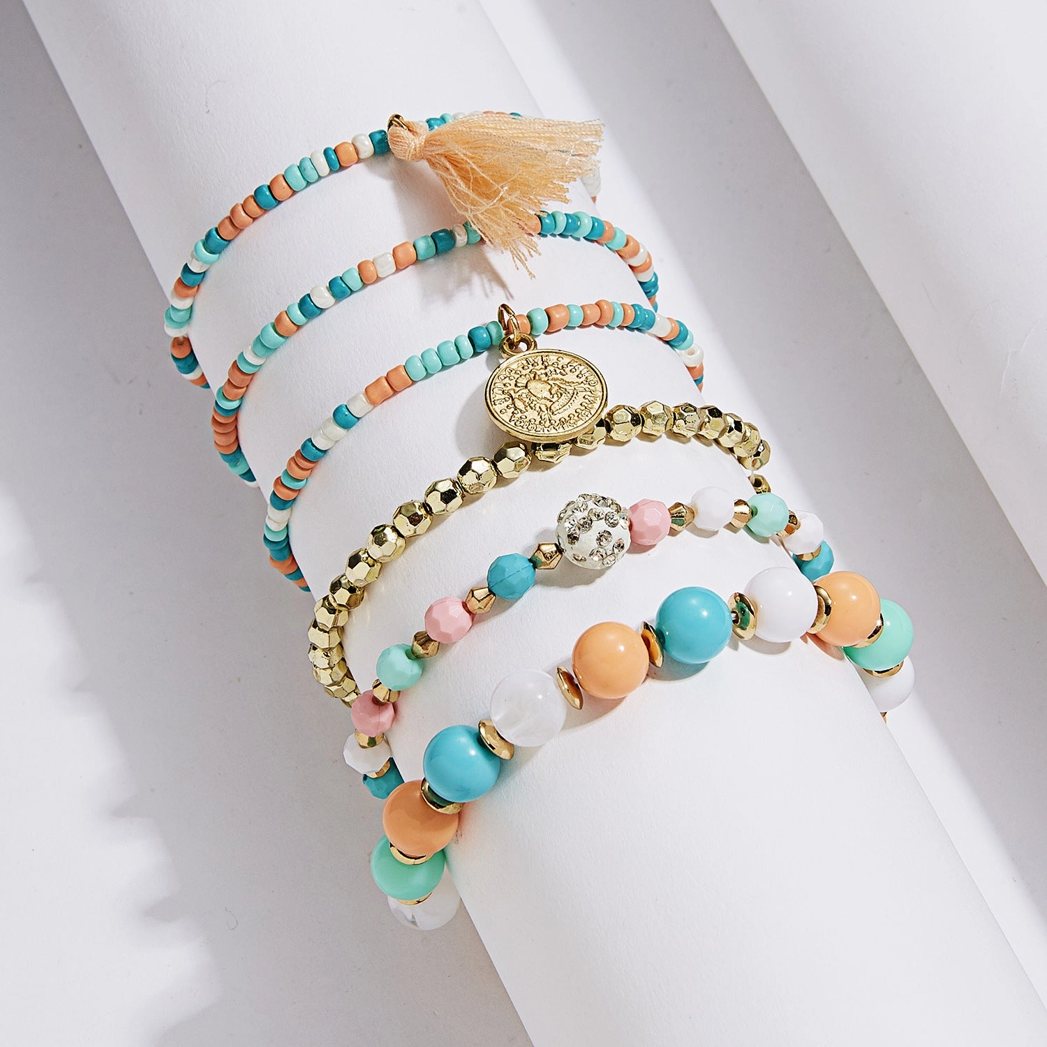 Wholesale 6pcs Beauty Head Coin Tassel Beaded Multilayer Bracelet