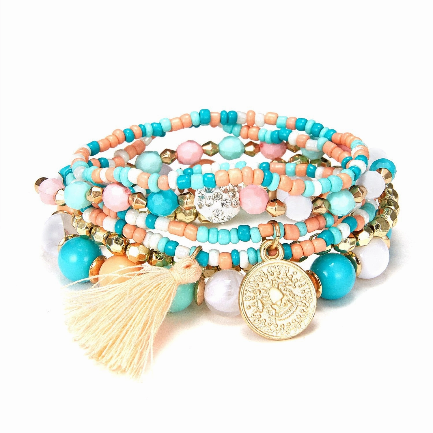 Wholesale 6pcs Beauty Head Coin Tassel Beaded Multilayer Bracelet