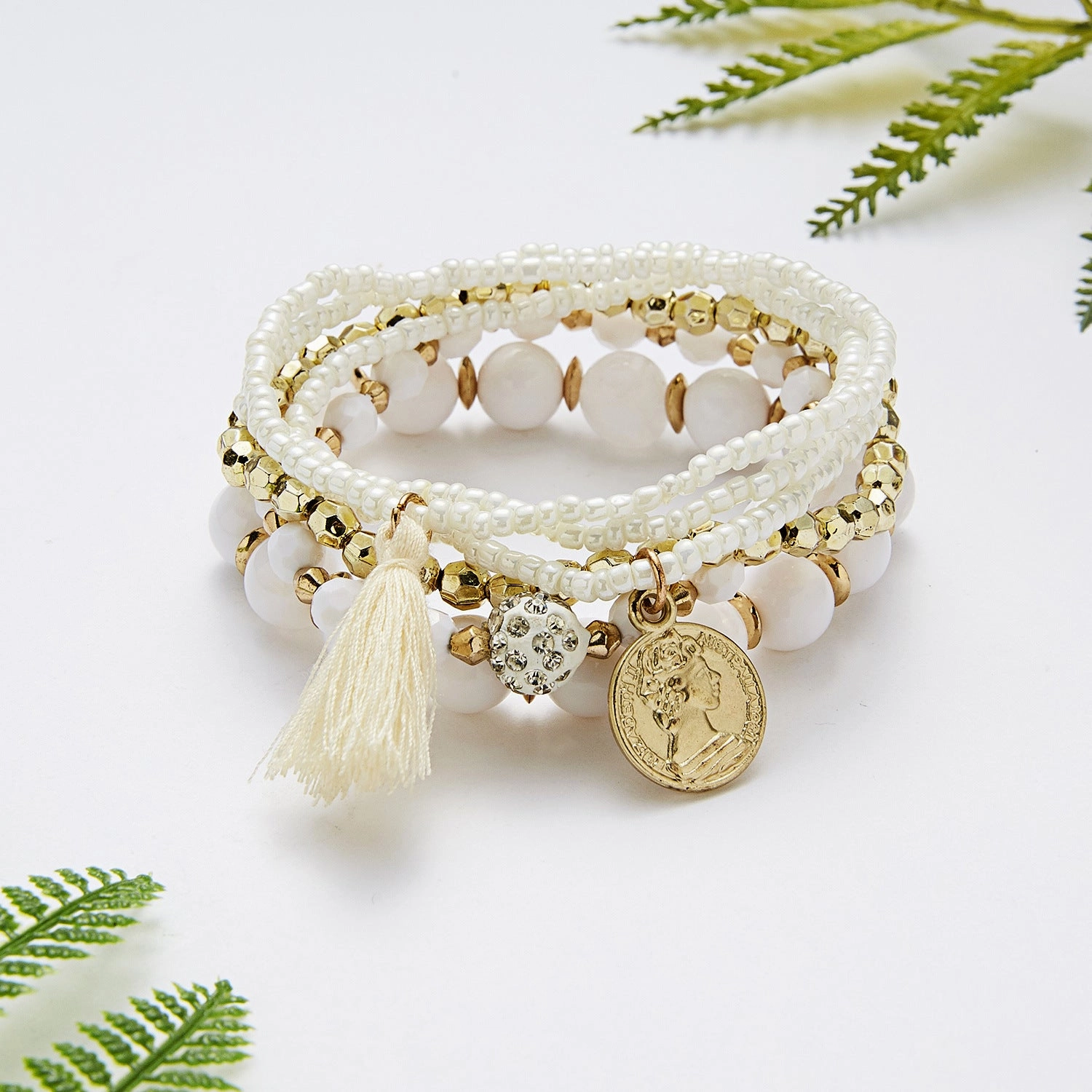 Wholesale 6pcs Beauty Head Coin Tassel Beaded Multilayer Bracelet
