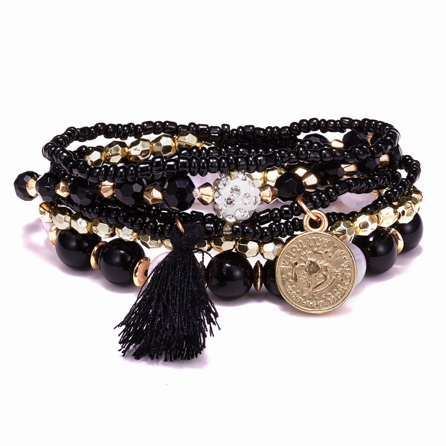 Wholesale 6pcs Beauty Head Coin Tassel Beaded Multilayer Bracelet