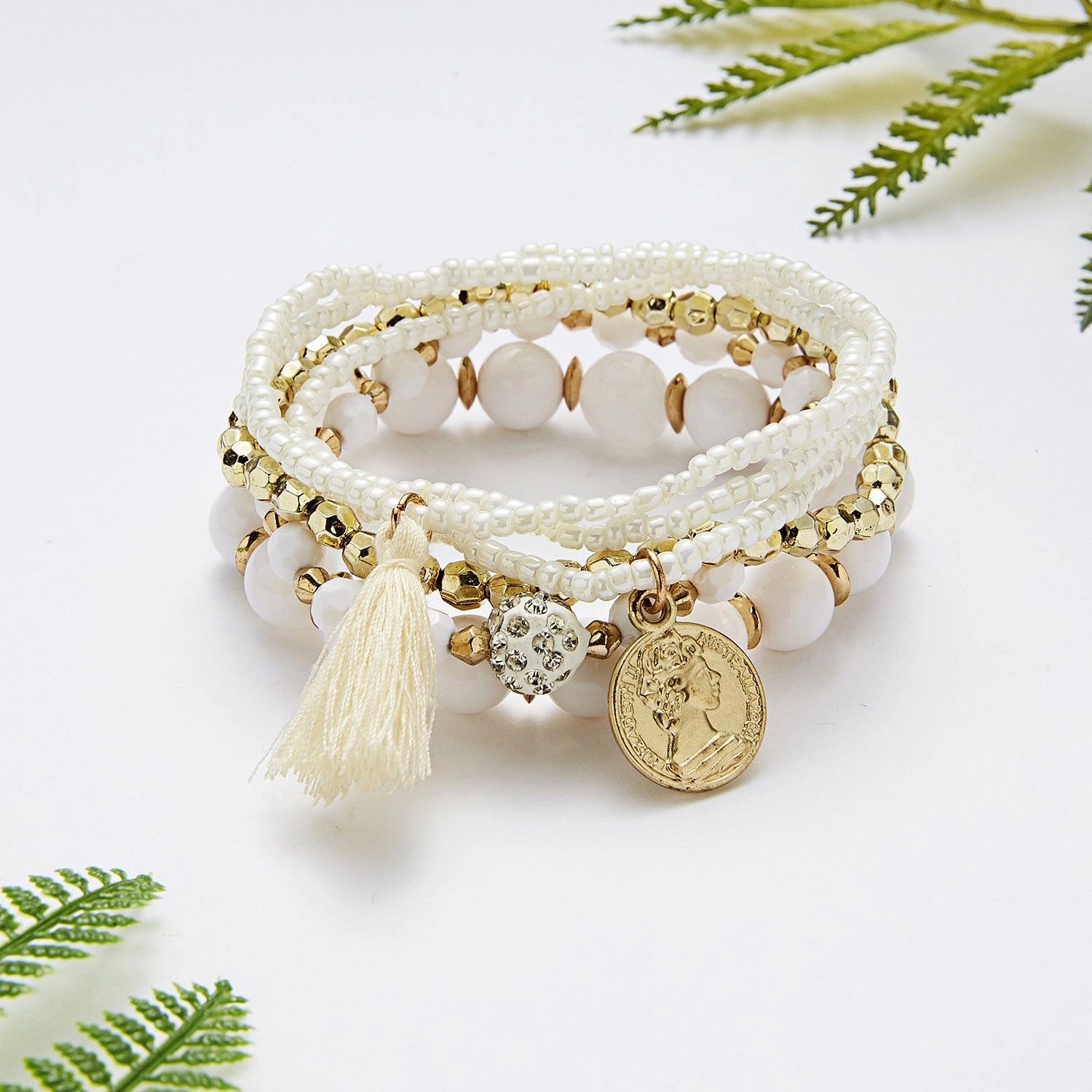 Wholesale 6pcs Beauty Head Coin Tassel Beaded Multilayer Bracelet