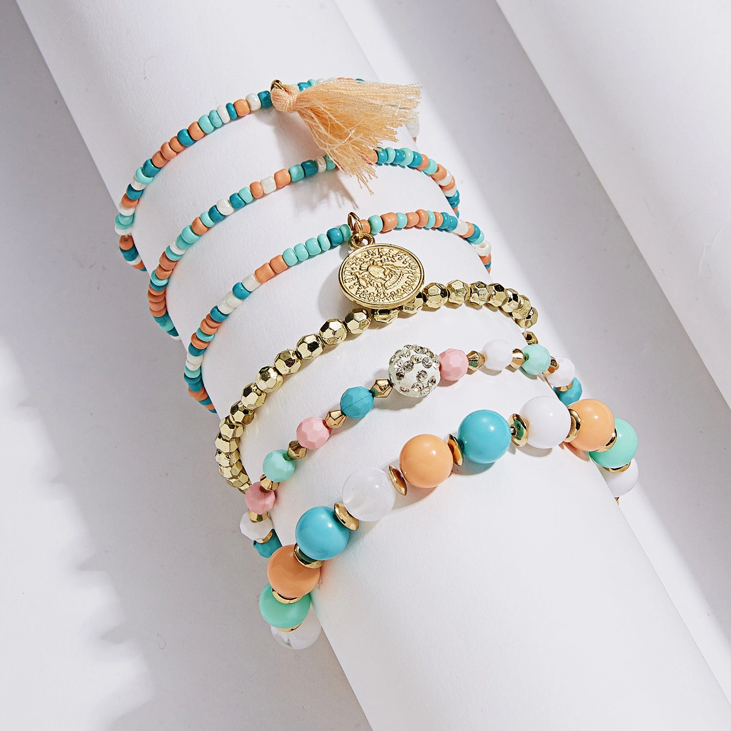 Wholesale 6pcs Beauty Head Coin Tassel Beaded Multilayer Bracelet