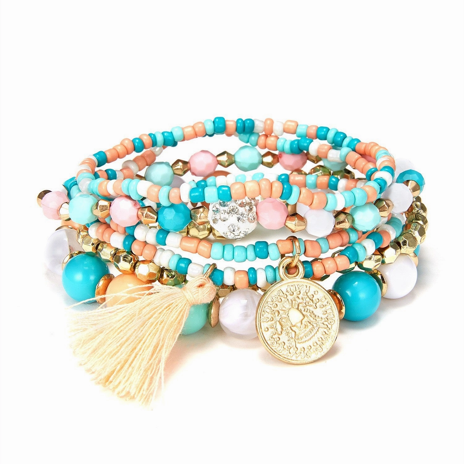 Wholesale 6pcs Beauty Head Coin Tassel Beaded Multilayer Bracelet
