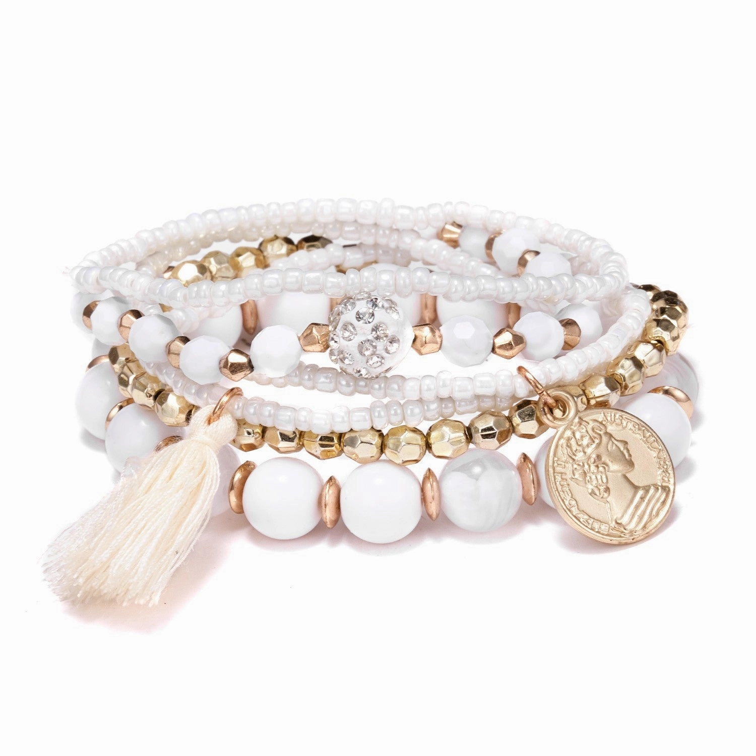 Wholesale 6pcs Beauty Head Coin Tassel Beaded Multilayer Bracelet