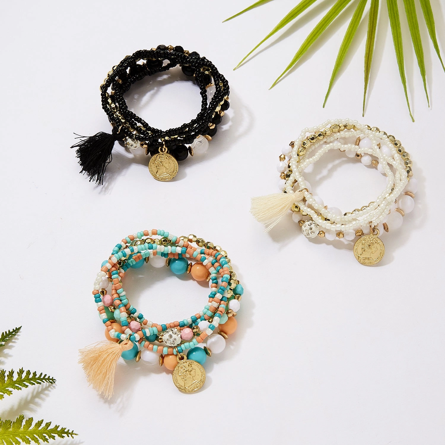 Wholesale 6pcs Beauty Head Coin Tassel Beaded Multilayer Bracelet