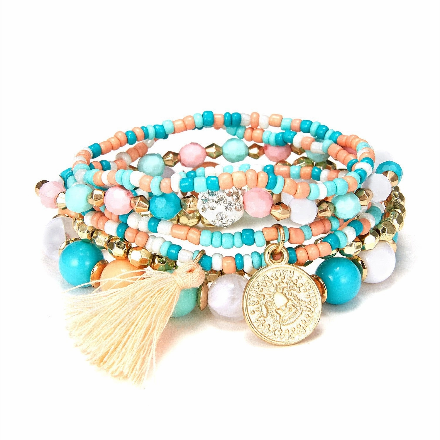 Wholesale 6pcs Beauty Head Coin Tassel Beaded Multilayer Bracelet