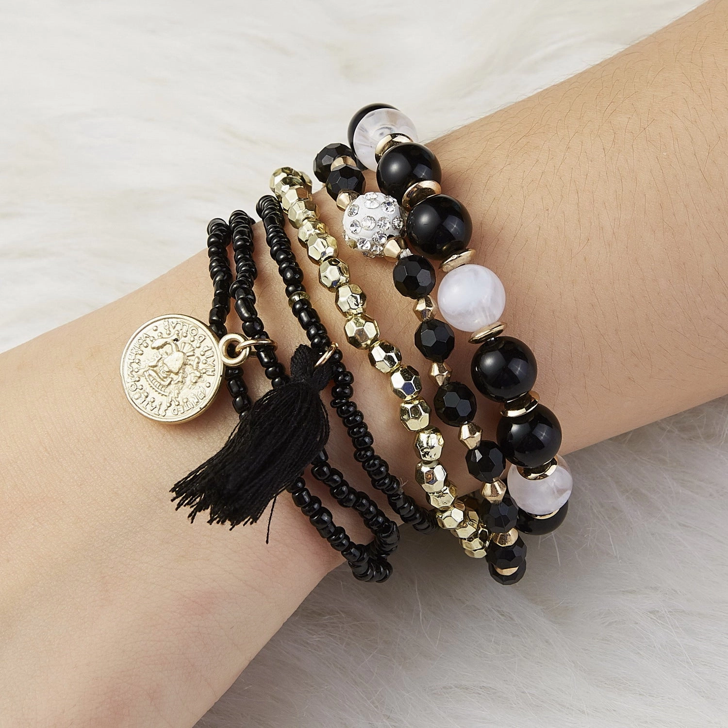 Wholesale 6pcs Beauty Head Coin Tassel Beaded Multilayer Bracelet