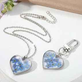 Wholesale 6PCS Blue Love Dry Flower Keychain Necklace