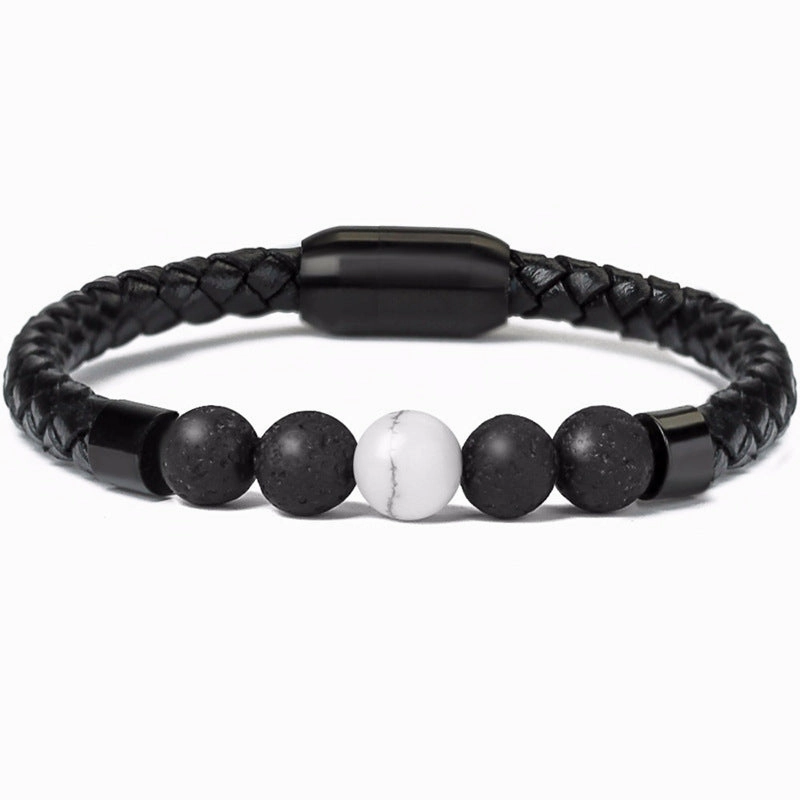 Wholesale 8mm Color Tiger Eye Stone Beaded Stainless Steel Magnetic Buckle Leather Cord Bracelet