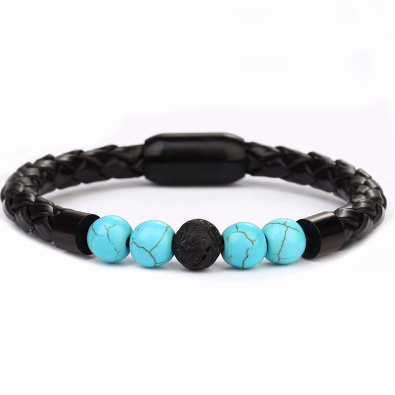 Wholesale 8mm Color Tiger Eye Stone Beaded Stainless Steel Magnetic Buckle Leather Cord Bracelet