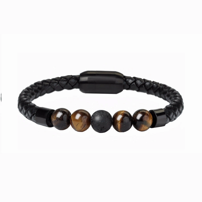 Wholesale 8mm Color Tiger Eye Stone Beaded Stainless Steel Magnetic Buckle Leather Cord Bracelet