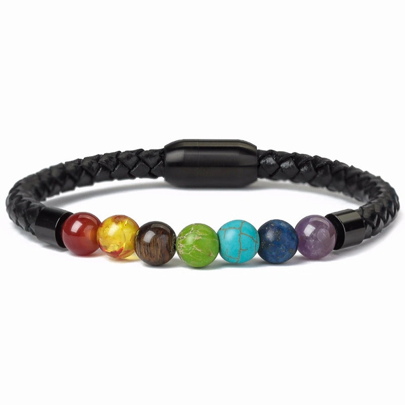 Wholesale 8mm Color Tiger Eye Stone Beaded Stainless Steel Magnetic Buckle Leather Cord Bracelet