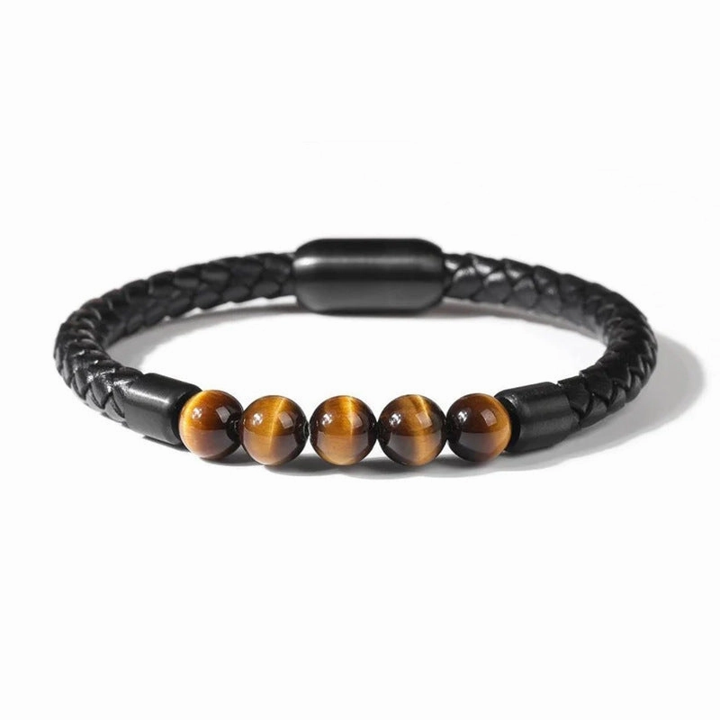 Wholesale 8mm Color Tiger Eye Stone Beaded Stainless Steel Magnetic Buckle Leather Cord Bracelet