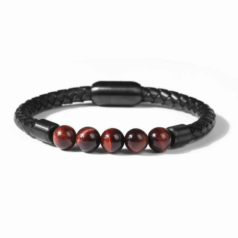 Wholesale 8mm Color Tiger Eye Stone Beaded Stainless Steel Magnetic Buckle Leather Cord Bracelet