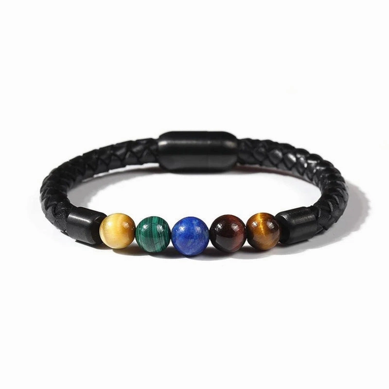 Wholesale 8mm Color Tiger Eye Stone Beaded Stainless Steel Magnetic Buckle Leather Cord Bracelet