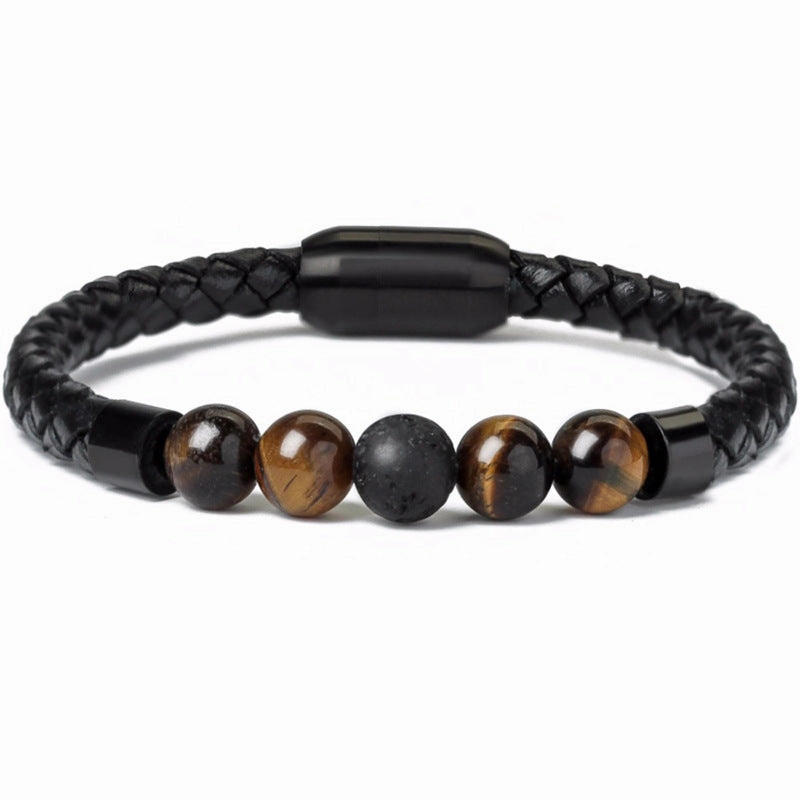 Wholesale 8mm Color Tiger Eye Stone Beaded Stainless Steel Magnetic Buckle Leather Cord Bracelet