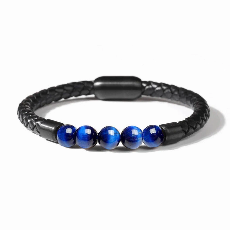 Wholesale 8mm Color Tiger Eye Stone Beaded Stainless Steel Magnetic Buckle Leather Cord Bracelet