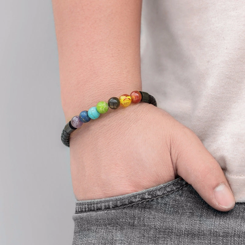 Wholesale 8mm Color Tiger Eye Stone Beaded Stainless Steel Magnetic Buckle Leather Cord Bracelet
