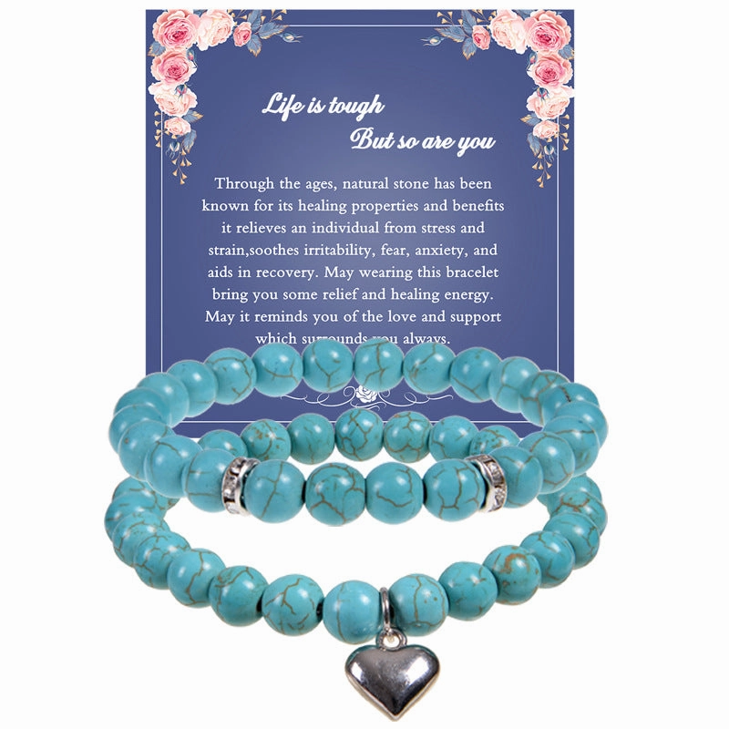 Wholesale 8mm Natural Stone Beaded Heart Set Bracelet