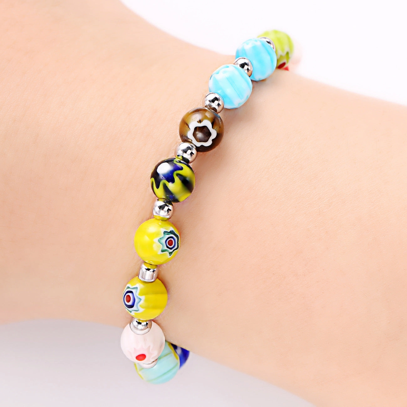 Wholesale 8mm Thousand Flower Glazed Beads Mixed Color Stretch Bracelet