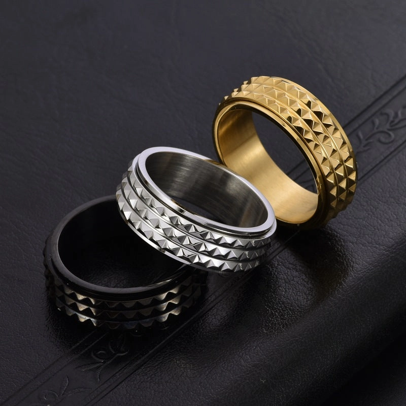 Wholesale 8mm Wide Men's Pyramid Rotatable Decompression Titanium Steel Ring
