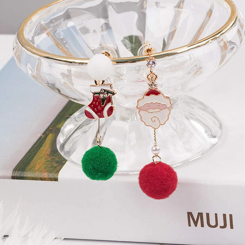 Wholesale 925 Silver Needle Christmas New Asymmetric Hair Ball Earrings