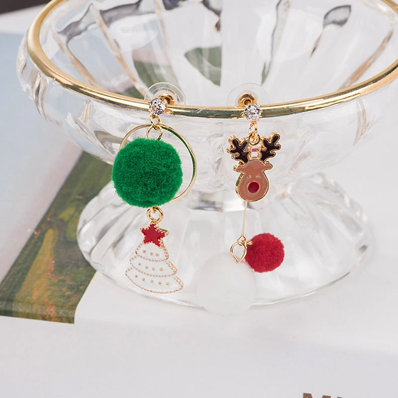Wholesale 925 Silver Needle Christmas New Asymmetric Hair Ball Earrings