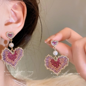 Wholesale 925 Silver Needle Full Diamond Heart Alloy Earrings