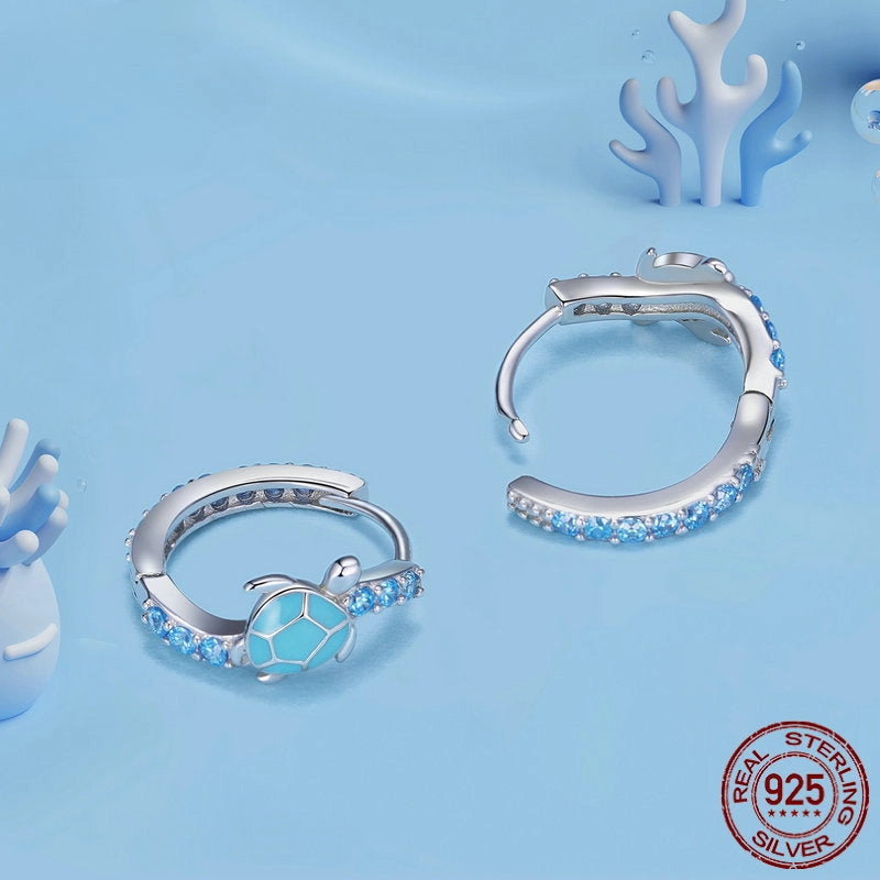 Wholesale 925 Sterling Silver Cute Blue Smart Turtle Earrings