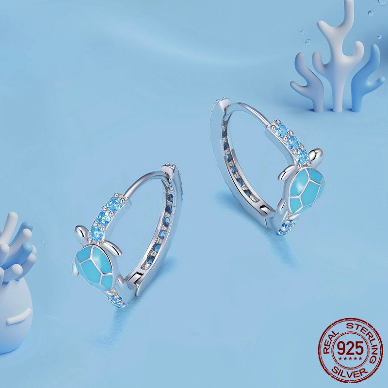 Wholesale 925 Sterling Silver Cute Blue Smart Turtle Earrings